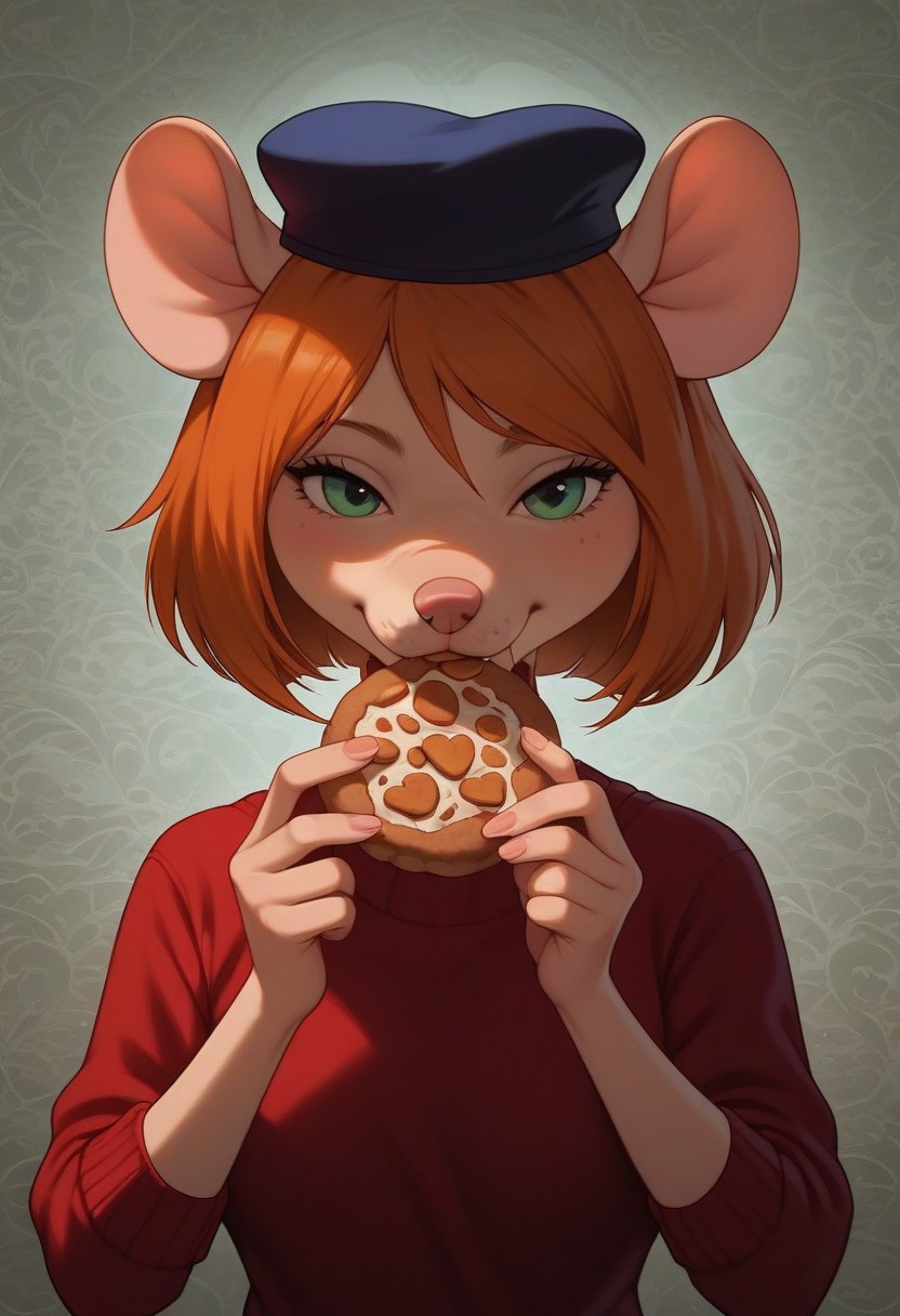 score_9, score_8_up, score_7_up, score_5_up, artwork, detailed background, high quality, vibrant colors, best quality rendering, intricate details, high resolution, sharp focus, best render quality, background-workshop, 1girl, Desiree, mouse, (anthro mouse), short hair, beret, eating cookie, ((front view))