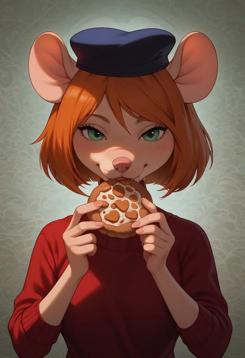 score_9, score_8_up, score_7_up, score_5_up, artwork, detailed background, high quality, vibrant colors, best quality rendering, intricate details, high resolution, sharp focus, best render quality, background-workshop, 1girl, Desiree, mouse, (anthro mouse), short hair, beret, eating cookie, ((front view))