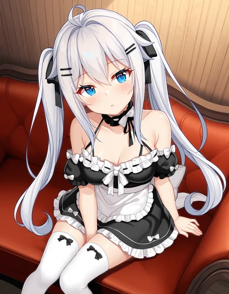 masterpiece, best quality, amazing quality, ultra detail, good anatomy, good hand,
BREAK <lora:hagiwara-michiru Imokone - todoketai koigokoro(MitsuYukiTyakai)-illustrious:0.7> hagiwara-michiru. white hair, long hair, medium breasts, blue eyes, ahoge, twintails, hairbow,
BREAK outfit05, hairpins, black hairpins, choker, black choker, frilled choker, white ribbon choker, maid dress, black maid dress, frilled dress, halter neck, straps, ribbon decollated dress, bow dress, detached sleeves, puffy sleeves, ribbon sleeves, white bow, apron, white apron, waist apron, frilled apron, back ribbon apron, thighhighs, white thighhighs, ribbon thighhighs, collarbone, bare shoulders, zettai ryouiki, cleavage cutline,
BREAK dynamic angle, 1girl, posing, in room,