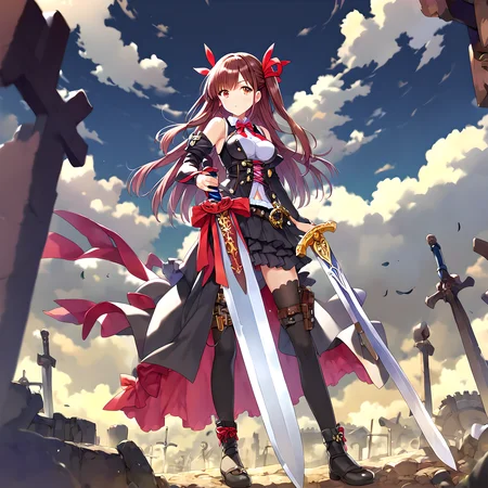 <lora:pony_xl_ubw:0.9>,score_9,score_8_up,score_7_up,source_anime,gears,weapon,sword,planted,planted sword,<lora:pony_xl_yuzuriha:0.9>,yuzuriha,