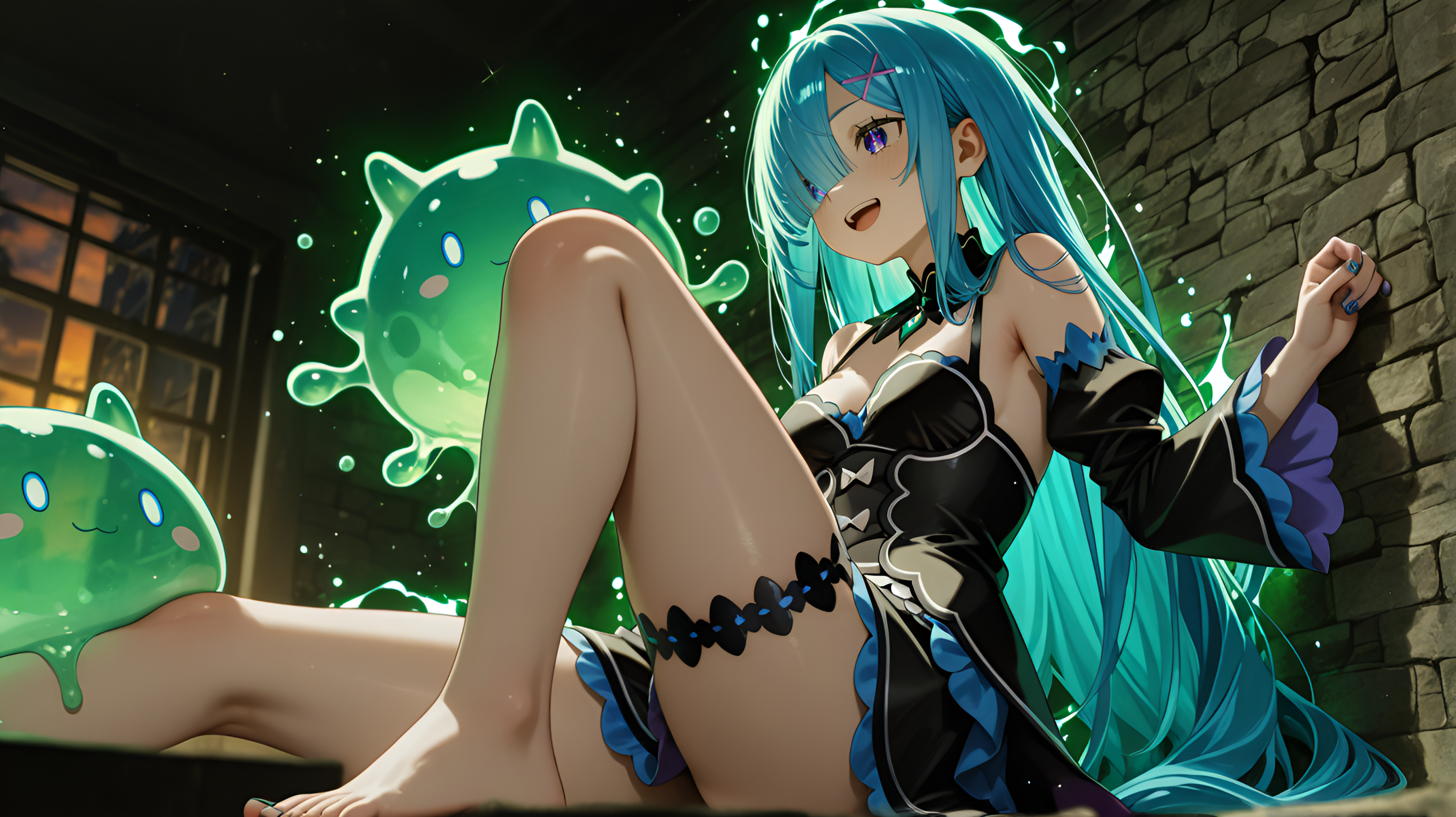 adding a flirty detail., escher-style geometry, Olive Theme, slime_(creature), fox_girl, amazing quality, motion_lines:1.1, anime character, best quality, slime_(creature), Night Scene, depth of field, streaked hair, very long hair, ephemeral, Midnight blue hair, nail_polish, very aesthetic, perky breasts, absolutely eye-catching, dusk, newest, Satella (Re:Zero), absurdres, happy, motion_blur:1.1, 1girl, A lace garter skirt with built-in garters, Sludge dewatering building interior (centrifuge/press), Sitting with back against wall, Worm's eye view, magic glowing aura, ambient occlusion, ultra-detailed, masterpiece, HDR, 2boys, barefoot, light skin, 8K