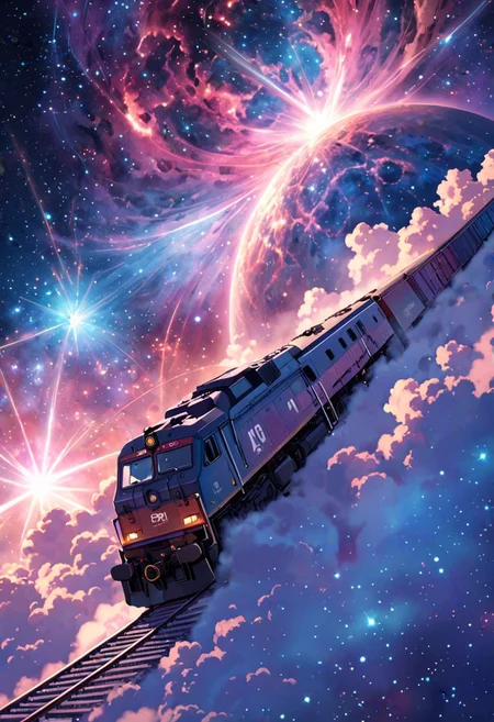 (masterpiece, best quality, highly detailed:1.2), ((a train is passing through the nebula, it's shourded in nebula)), dreamy, scifi fantasy, anime style, perfect composition, anzhcdreamwave, multi-colored theme, aesthetic
