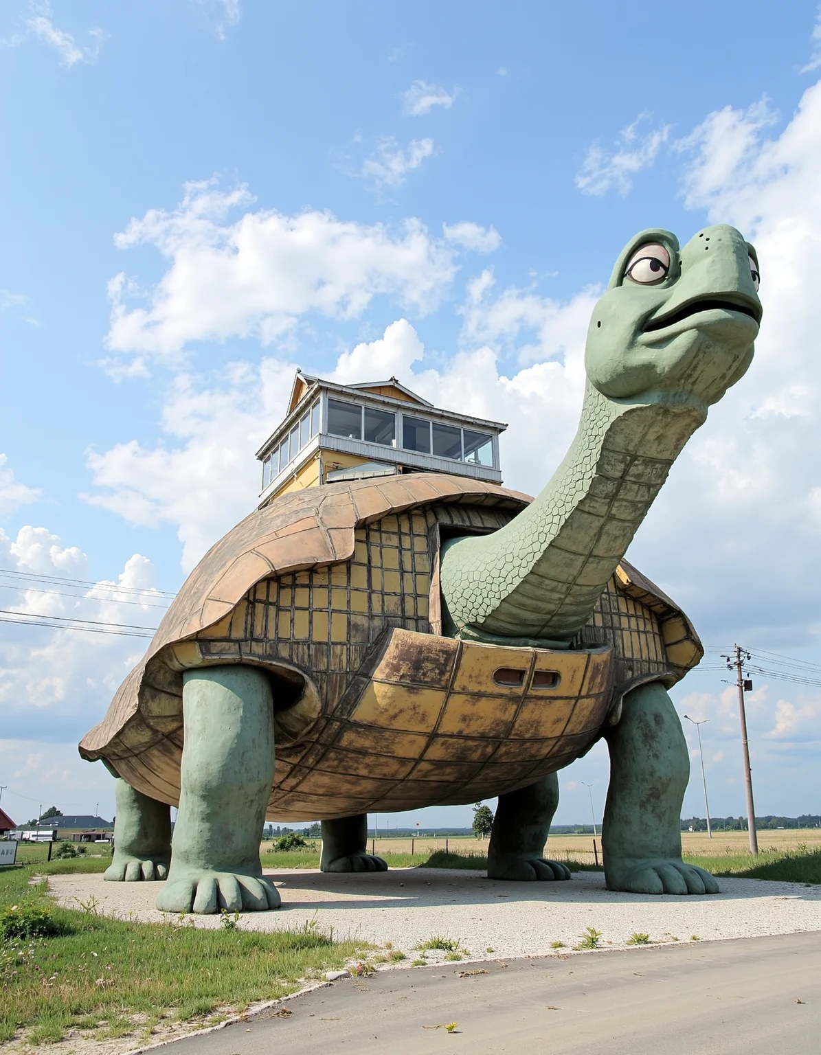 Generative Art image, a colossal old novelty architecture building shaped like a bully turtle supermarket, set in a Ukrainian nuclear confinement zone.