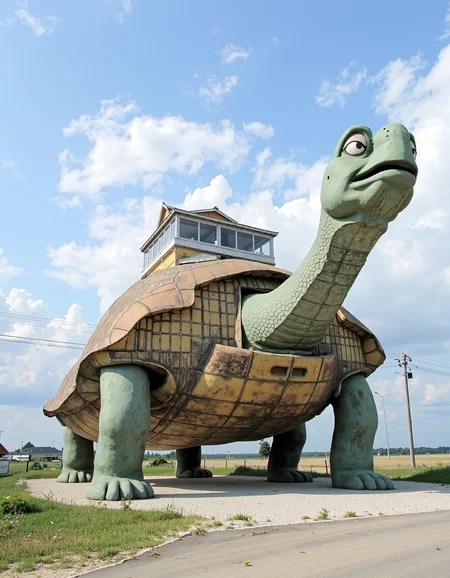 Generative Art image, a colossal old  novelty architecture  building shaped like a bully turtle supermarket, set in a Ukrainian nuclear confinement zone.