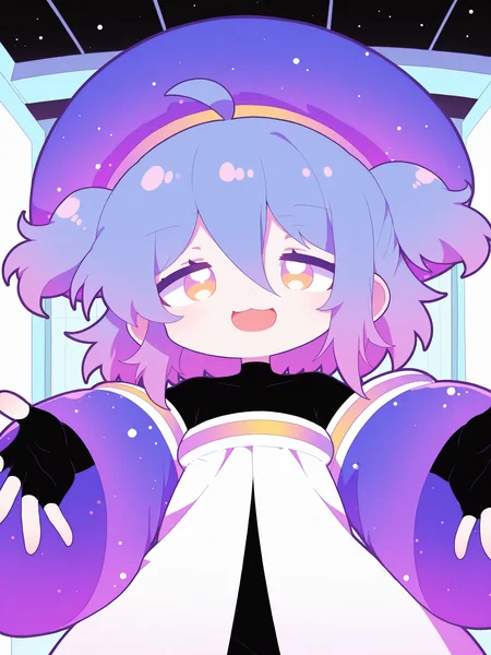 <lora:coco_euphorianic_illustrious:1>, coco \(euphorianic\), :3, flat chest, blue headwear, purple headwear, large hat, beret, starry sky print, purple eyes, orange eyes, yellow eyes, multicolored eyes, bright pupils, two-tone hair, gradient hair, short twintails, medium hair, ahoge, hair between eyes, bangs, looking at viewer, 
\(default\) black sweater, black bodysuit, black shirt, open robe, multicolored robe, turtleneck, multicolored clothes, open clothes, two-sided fabric, multicolored jacket, wide sleeves, sleeves past wrists, off shoulder, puffy long sleeves, detached sleeves, fingerless gloves, black gloves, upper body, face, close-up, laboratory, indoors, 
[[lazypos]], smile, standing, open mouth, reaching towards viewer, 
masterpiece, best quality, amazing quality, very aesthetic, absurdres, newest <lora:spo_sdxl_10ep_4k-data_lora_webui:0.5><lora:cfg_scale_boost:0.5> <lora:haiz_ai_illu:1>