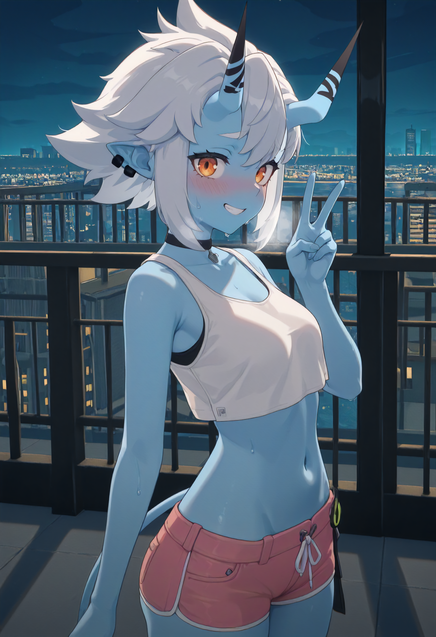 masterpiece, best quality, amazing quality, very aesthetic, absurdres, newest, scenery, volumetric lighting, perfect eyes, ultra detailed,
1girl, Soukaku, solo, blue skin, white hair, sideburns, oni horns, oni ears, ear piercings, orange eyes, demon tail, eyelashes,
choker, pink micro shorts, white tank top, midriff, navel,
side view, from the side, standing, looking at viewer, shy smile, nervous grin, blushing, sweating, visible breath, peace sign,
city, night sky, beautiful frame, backlighting, detailed background,
<lora:Soukaku_-_Zenless_Zone_Zero_ZZZ__Illustrious:1>
masterpiece, best quality, amazing quality, very aesthetic, absurdres, newest, scenery, volumetric lighting, perfect eyes, ultra detailed,