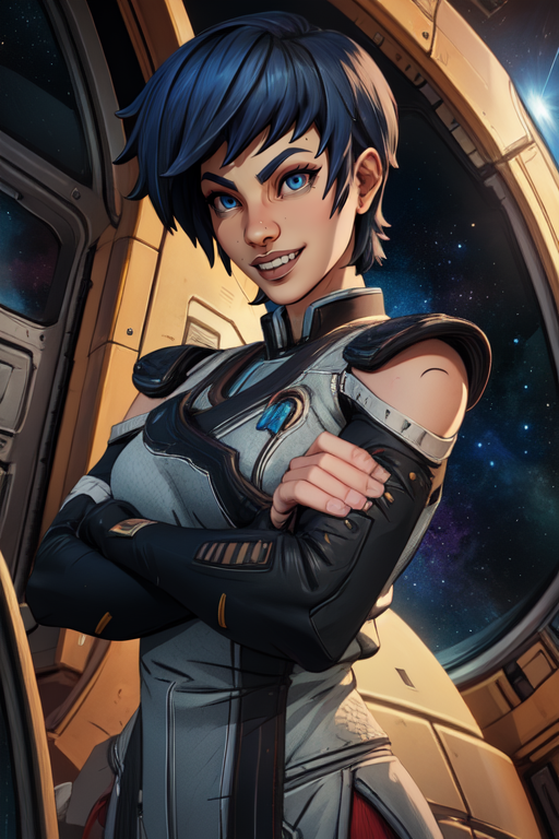 Ava, short blue hair, blue eyes,teeth, 
fingerless gloves ,pants ,shoes,  crossed arms, 
standing, upper body, relaxing, smile, close up,
outer space, monk temple,
 (insanely detailed, beautiful detailed face, masterpiece, best quality) 
 <lora:Ava-10v4:0.7>