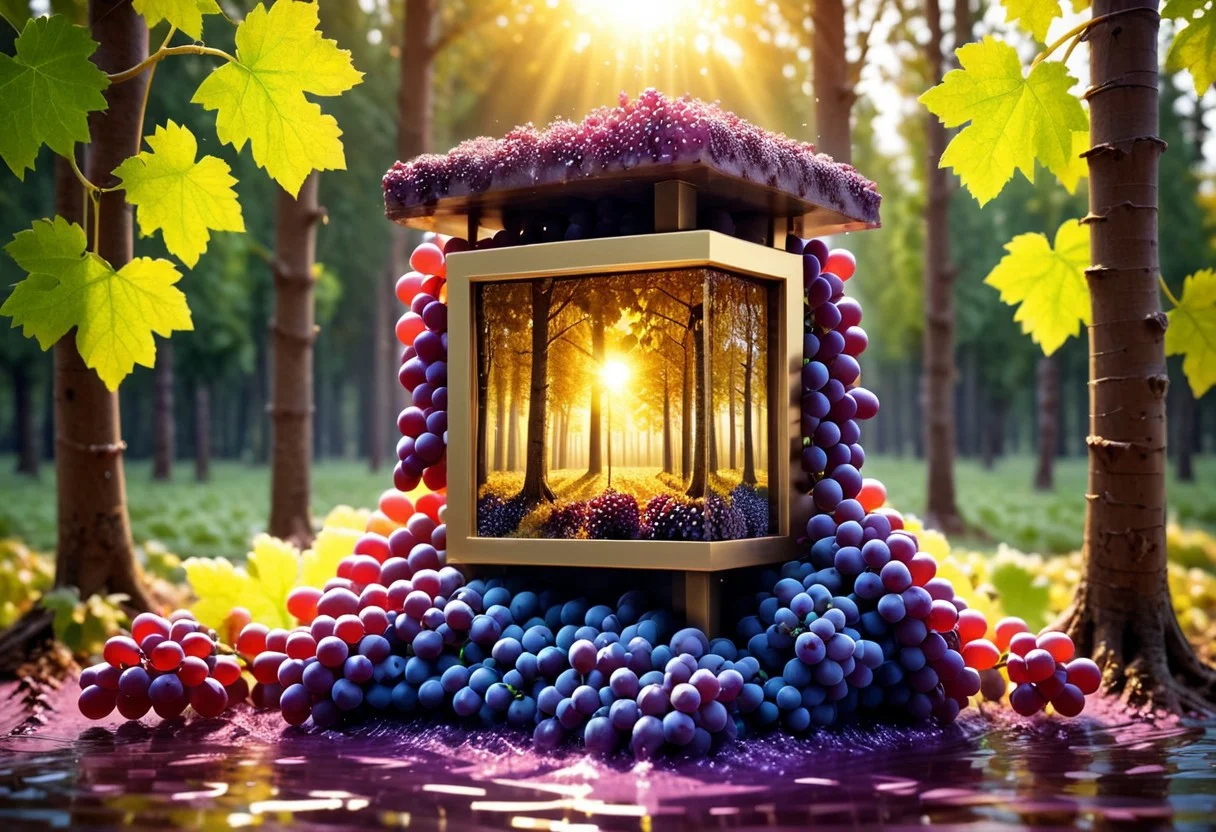photo realistic, golden forest, sunrise, grape cubic stone surrounded by trees