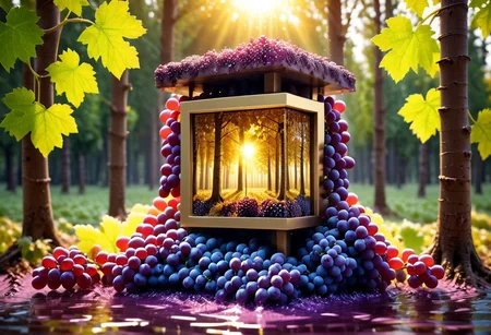 photo realistic, golden forest, sunrise, grape cubic stone surrounded by trees