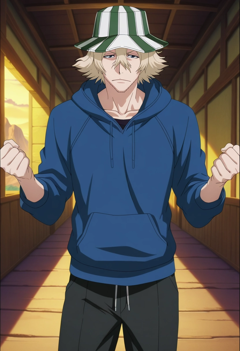 masterpiece, best quality, , anime screencap, , official style, looking at viewer, 1boy, solo, male focus, <lora:kisuke_urahara_ilxl:0.9>, kisuke_urahara, blonde hair, black eyes, short hair, hair between eyes, facial hair, stubble, hat, cowboy shot, atlantis, noon, w arms, squinting, Hiking pants, Sweatshirt, Penny loafers, ,