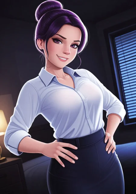 masterpiece, best quality, newest, absurdres, highres, 1girl, solo, amazing quality, good lighting,
looking at viewer, hands on hips, smiling, dynamic pose, dynamic angle, peace sign, safe for work, sfw, elegant pose, office outfit, hair bun, , medium build, purple hair, glossy lips, female focus, solo focus, peace sign, bedroom, window, nighttime, lamp,
(soft skin shading:1.4), (glistening highlights:1.3), (detailed hands:1.3), (smooth shading:1.4), (bold outlines:1.3), (soft lighting:1.3), (vibrant colors:1.4),
dynamic angle, foreshortening, eyes half closed, seductive smile, shadman