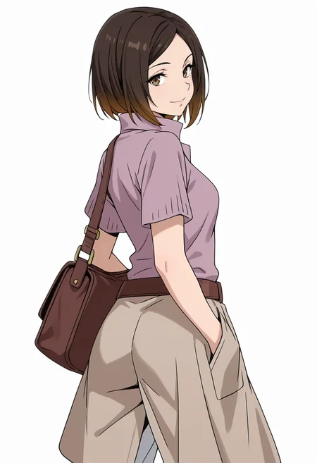 Smooth Quality,masterpiece,very intricate, high quality details, ultra realistic, high detailed skin,detailed enviorement,absurdres,
simple background, white background,solo,
walking, one hand in pocket, looking aside, casual, confident, ,from behind,seductive smile,
<lora:Kirara_Mizutani_cnn:0.8> 1girl, short hair, brown hair, multicolored hair, two-tone hair, brown eyes, at viewer, upper body,shirt, short sleeves, collared shirt, coat, pants, purple shirt,brown belt, shoulder bag,