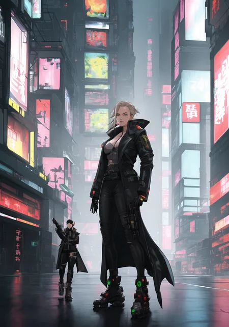 Kanji, 1girl, masterpiece, best quality, trending on artstation, psychic energy blast, yoji shinkawa's rendition of intimidating cYBERPUNK HACKER woman, detailed cYBERPUNK Trenchcoat by Ian McQue, detailed cYBERPUNK architecture by Mamoru Nagano