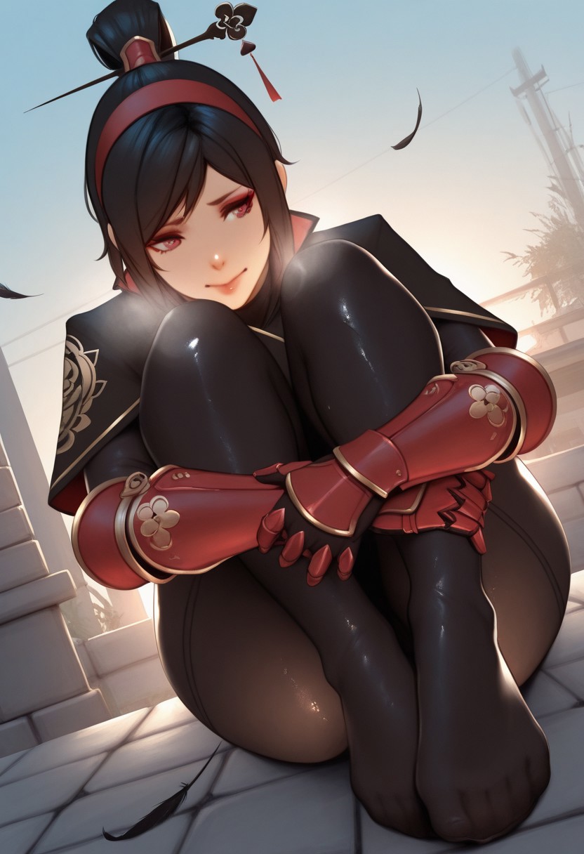 outdoors, undershirt, falling feathers, black bodysuit, hair stick, hugging own legs, , gauntlets,   eyeshadow,   red gloves,  high ponytail,  , black capelet, red hairband, pink eyes, 1girl, solo, feet, visible breath,   dynamic angle, foreshortening, smell, steam, dako