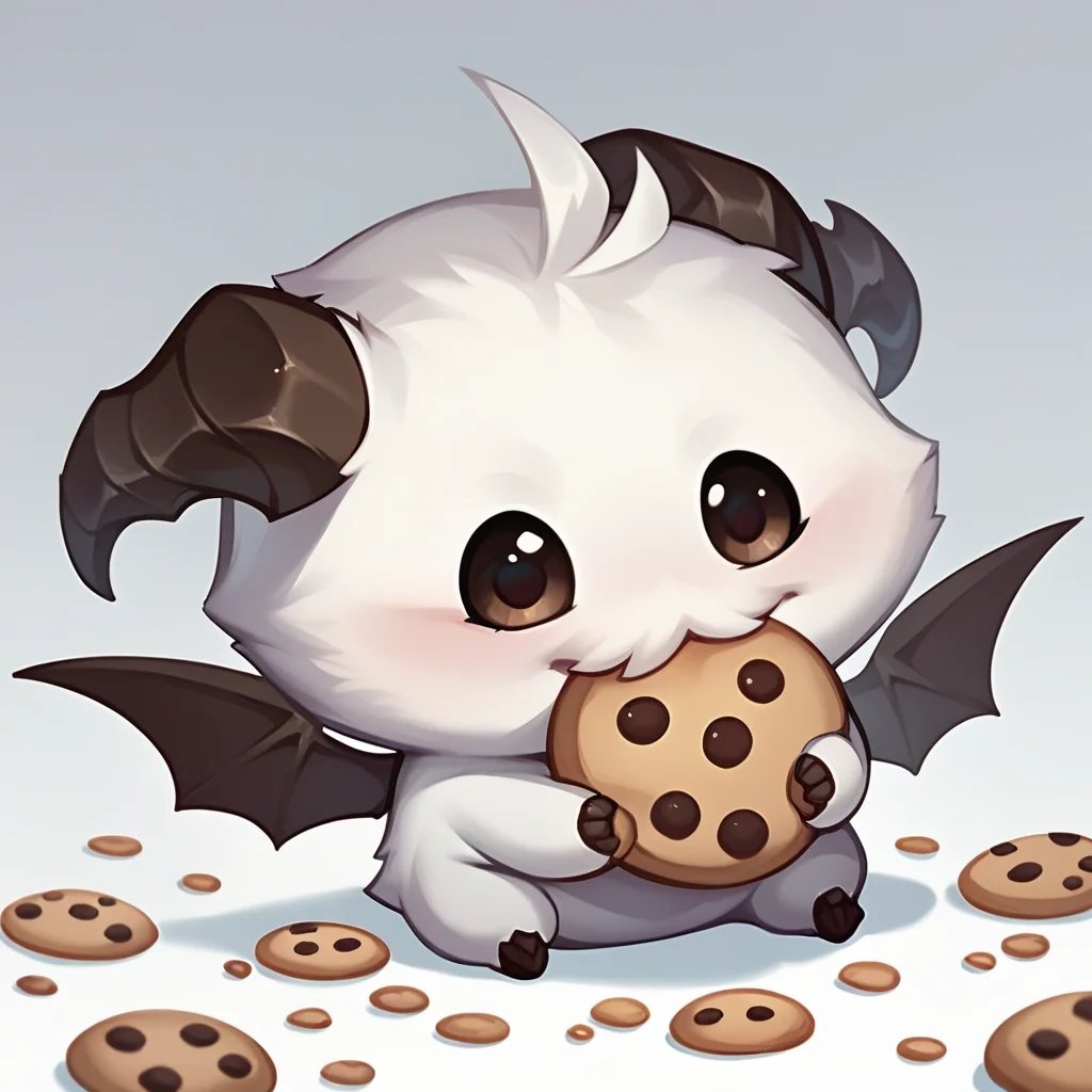 score_9, score_8_up, score_7_up, score_6_up, p0r0, no humans, animal focus, horns, <lora:Poro_v1:1>, cute, chibi, full body, looking at viewer, animal, food, cookie, wings