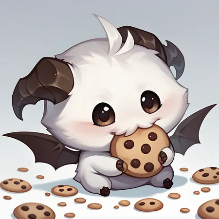 score_9, score_8_up, score_7_up, score_6_up, p0r0, no humans, animal focus, horns, <lora:Poro_v1:1>, cute, chibi, full body, looking at viewer, animal, food, cookie, wings