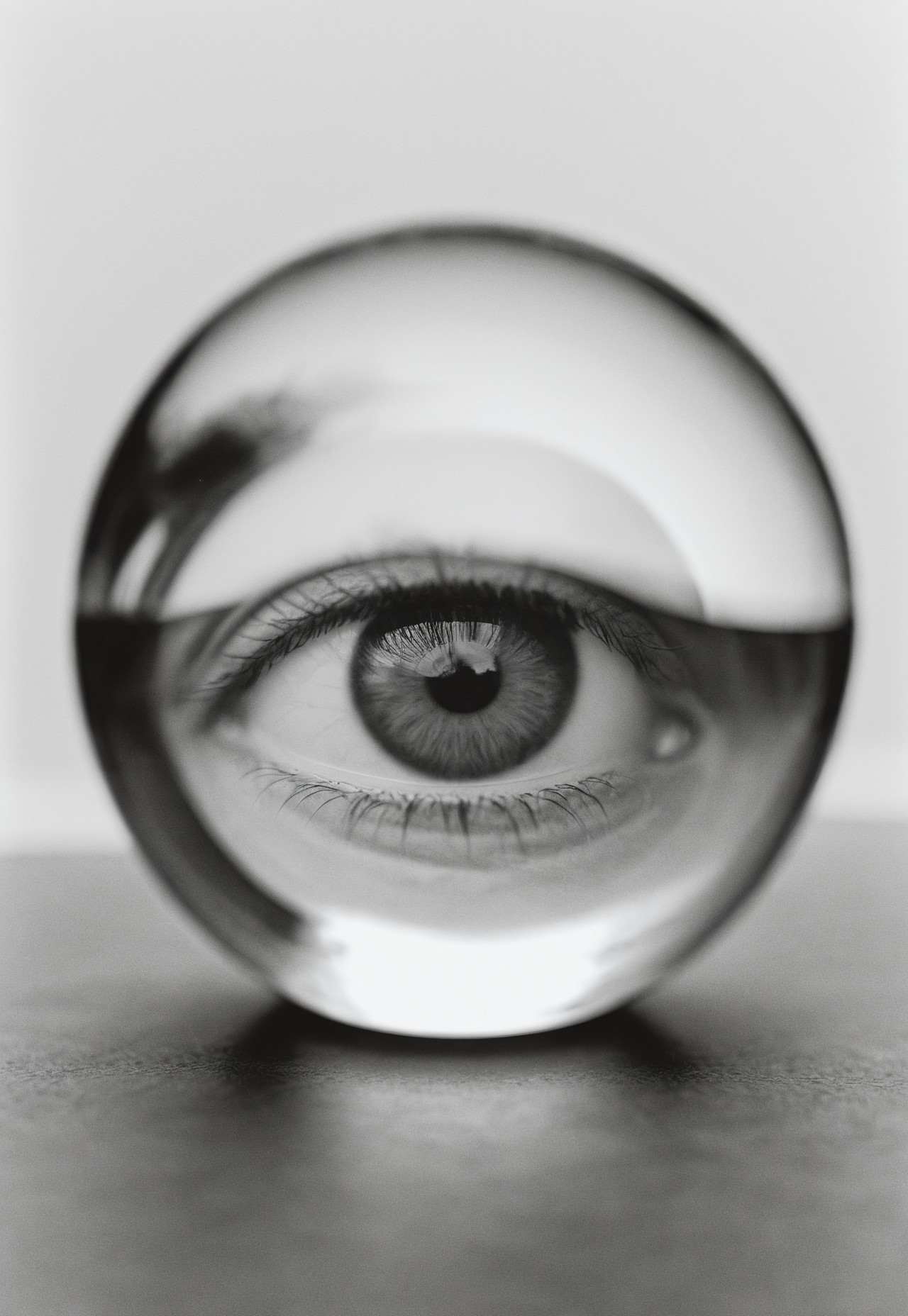 Close up of a upside down Girl’s eye Throughout A Glass sphere, refraction, Soft diffused lighting, grayscale, Monochromatic, Black and White, Muted Tones, Minimalist, Ethereal, Leica MP, Leica Noctilux 50mm f0.95  Lens, Kodak Tri-X 400 Film, 35mm Film, Film Grain, Film halation