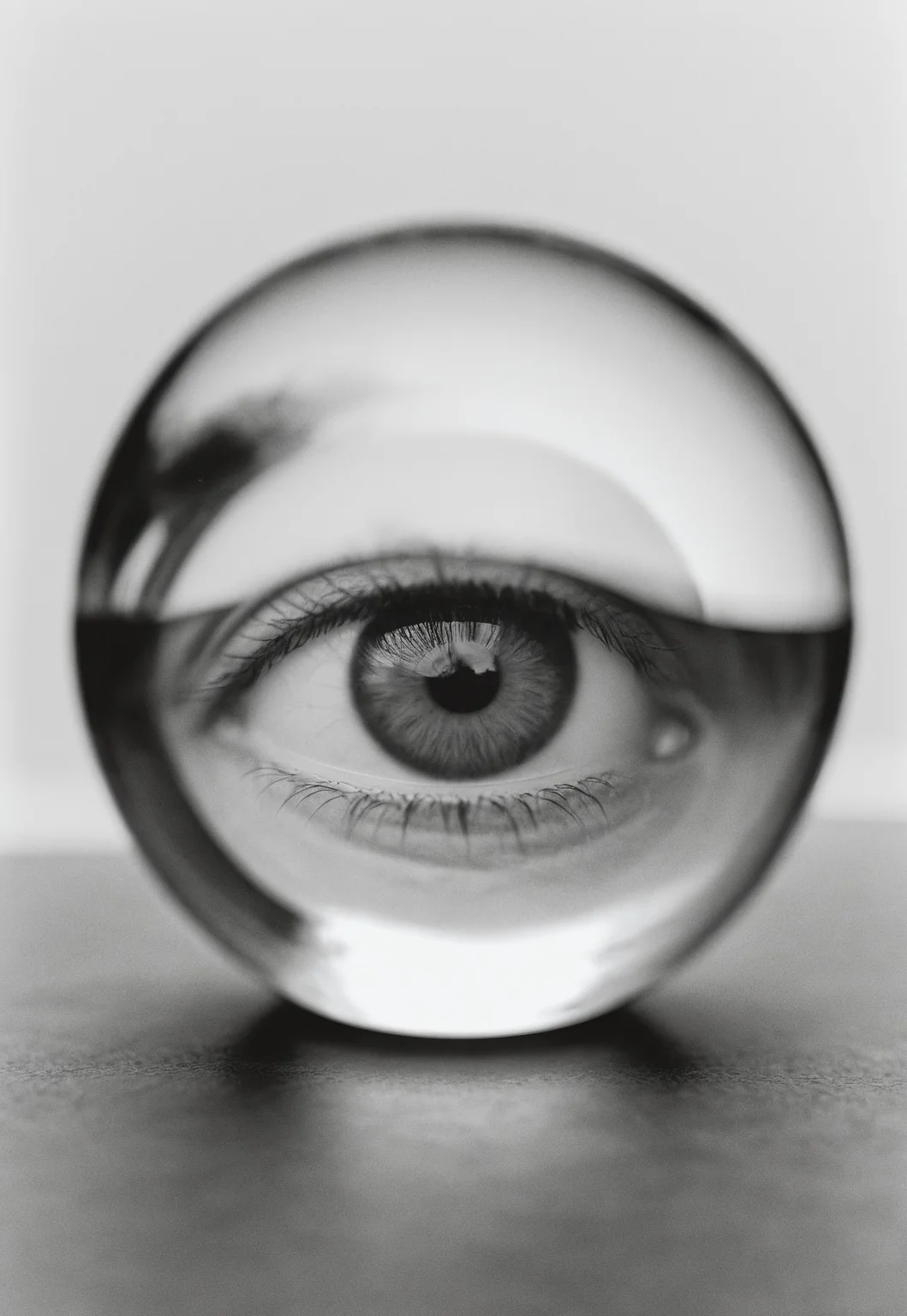 Close up of a upside down Girl’s eye Throughout A Glass sphere, refraction, Soft diffused lighting, grayscale, Monochromatic, Black and White, Muted Tones, Minimalist, Ethereal, Leica MP, Leica Noctilux 50mm f0.95  Lens, Kodak Tri-X 400 Film, 35mm Film, Film Grain, Film halation