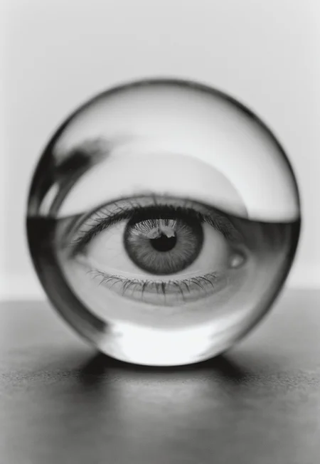 Close up of a upside down Girl’s eye Throughout A Glass sphere, refraction, Soft diffused lighting, grayscale, Monochromatic, Black and White, Muted Tones, Minimalist, Ethereal, Leica MP, Leica Noctilux 50mm f0.95 Lens, Kodak Tri-X 400 Film, 35mm Film, Film Grain, Film halation