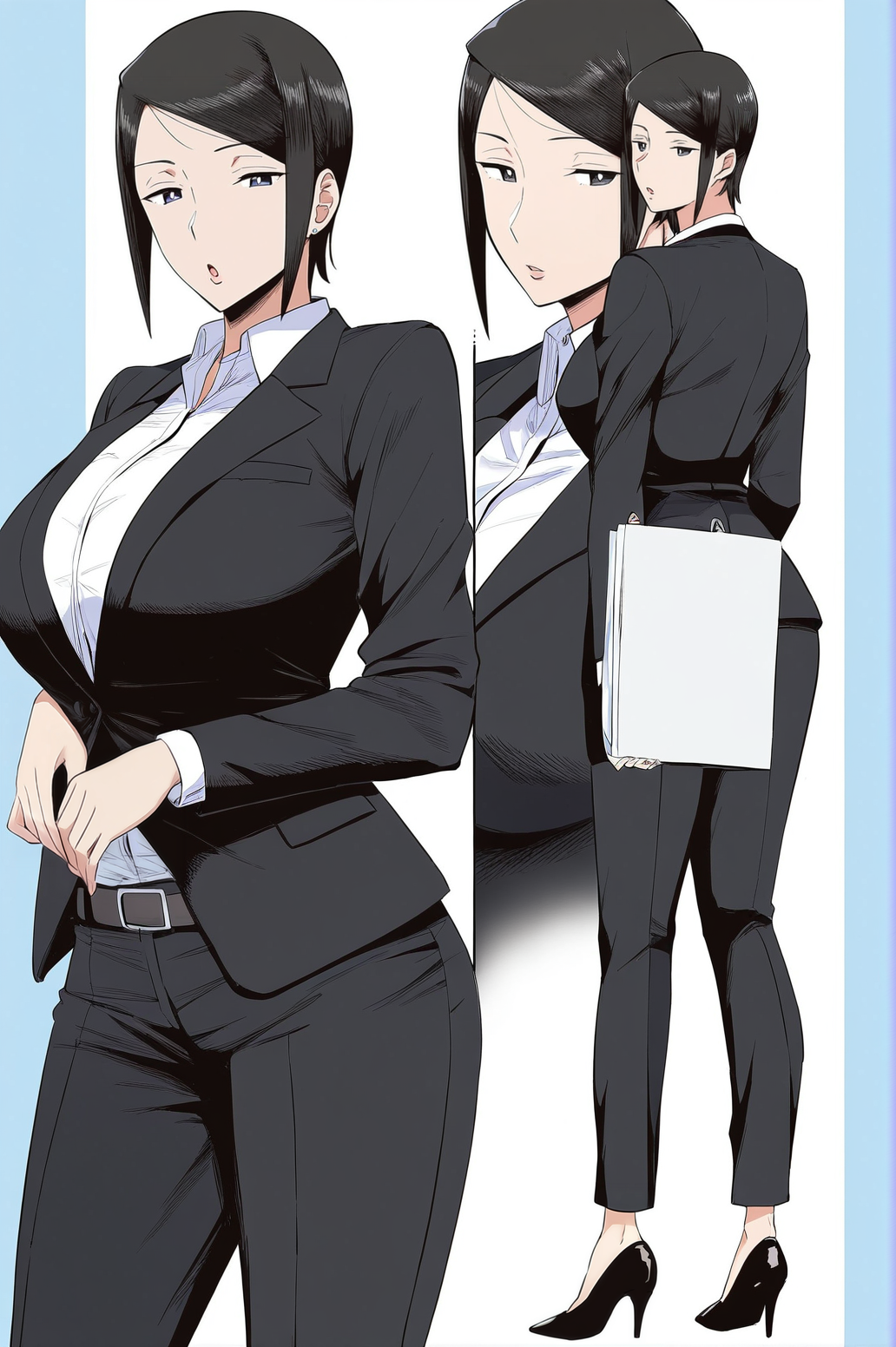 masterpiece,aunt kana,1girl,breasts,pants,solo,formal,suit,shirt,belt,looking at viewer,collared shirt,mature female,high heels,office lady,<lora:Aunt_Kana:1>,aunt kana,