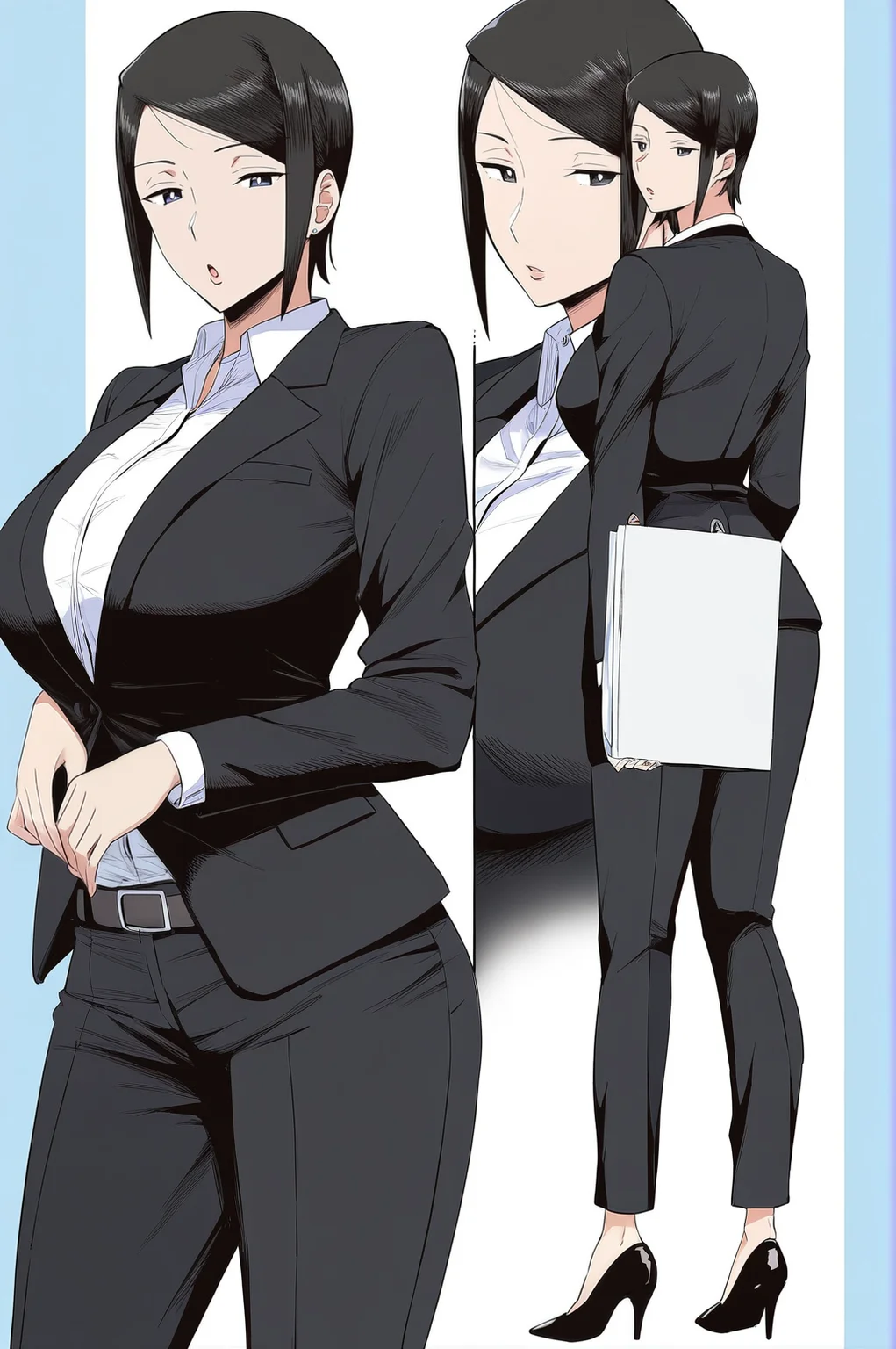 masterpiece,aunt kana,1girl,breasts,pants,solo,formal,suit,shirt,belt,looking at viewer,collared shirt,mature female,high heels,office lady,<lora:Aunt_Kana:1>,aunt kana,