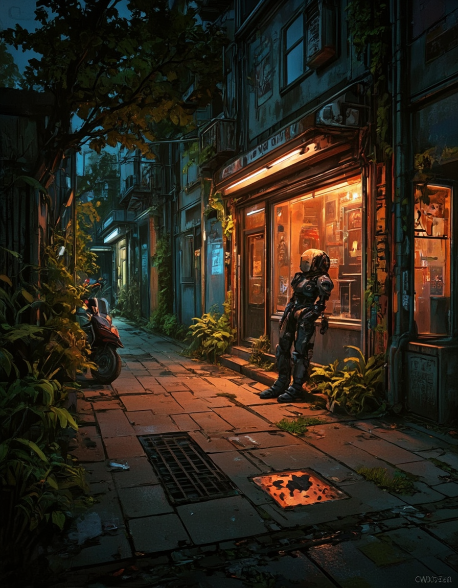 <lora:City_Worlds02_Lost_Operaflux:1.0> cw02lost, cyberpunk, city street at night, 1girl robot, in front of a store, vegetation, sunset, from side