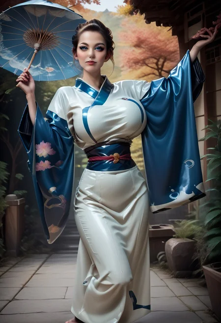 score_9, score_8_up, score_7_up, rating_safe, concept art, semi-realistic, 1girl, solo.
Young beautiful face, fit body, Blue eyes.
(Big breast:1.2), (Round breast:1.5).
Latex Kimono, (Wide sleeves:1.5), (Wide Obi).
Holding Umbrella.