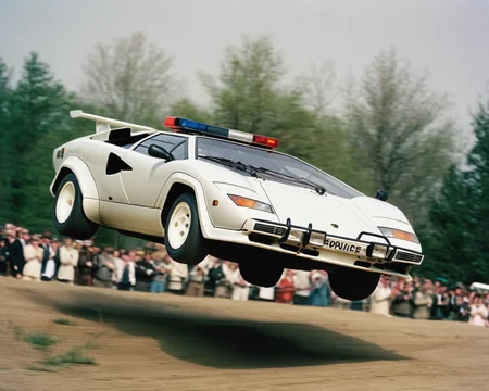 analog film photo car rally magazine photograph of a (police Lamborghini Countach:1.4) (((rally car))) jumping, big air time, rally jump, action motion blur dust LP5000 <lora:add-detail-xl:2> <lora:LP5000-SDXL-V1.2:1>, (police lights on the roof, searchlights on roof:1.3) . faded film, desaturated, 35mm photo, grainy, vignette, vintage, Kodachrome, Lomography, stained, highly detailed, found footage