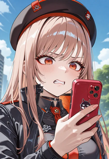1girl, rapi \(nikke\), tanjirodisgusted, holding phone, holding, looking at phone, outdoors, sky, day, cloud, blurry background, beret, clenched teeth, teeth, phone, smartphone, masterpiece, best quality, newest, absurdres, highres, very awa,<lora:illustrious/concept/Tanjiro_Disgusted_Meme_Pose_Concept_IllustriousXL_and_NoobAI-000015.safetensors:1.0>,