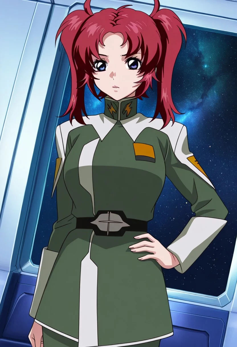 general,highres, ultra-detailed,very aesthetic,best quality ,best hands,best eyes,easynegative,
dynamic anglre, dutch angle, anime cloring,anime screencap,
1girl solo,looking at viewer,space ship, indoors, hand on hip,
Meyrin Hawke,red hair,twintails,blue eyes,huge breasts,military uniform,