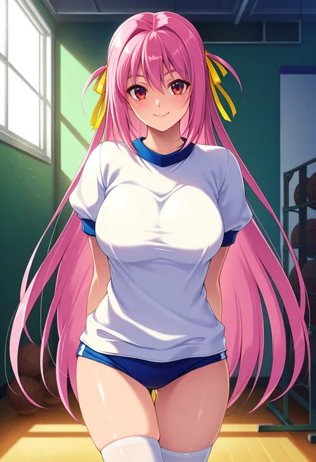 masterpiece, best quality, amazing quality, absurdres, 1girl, solo, cowboy shot, yunaww, red eyes, pink hair, long hair, very long hair, two side up, yellow hair ribbon, large breasts, gym uniform, gym shirt, untucked shirt, blue buruma, white socks, looking at viewer, smile, indoors, day, skindentation, detailed clothing folds, depth of field, sharp, high contrast, dynamic light <lora:Sakurasawa_Yuna_Gakuen_Saimin_Reido_ill:0.8>