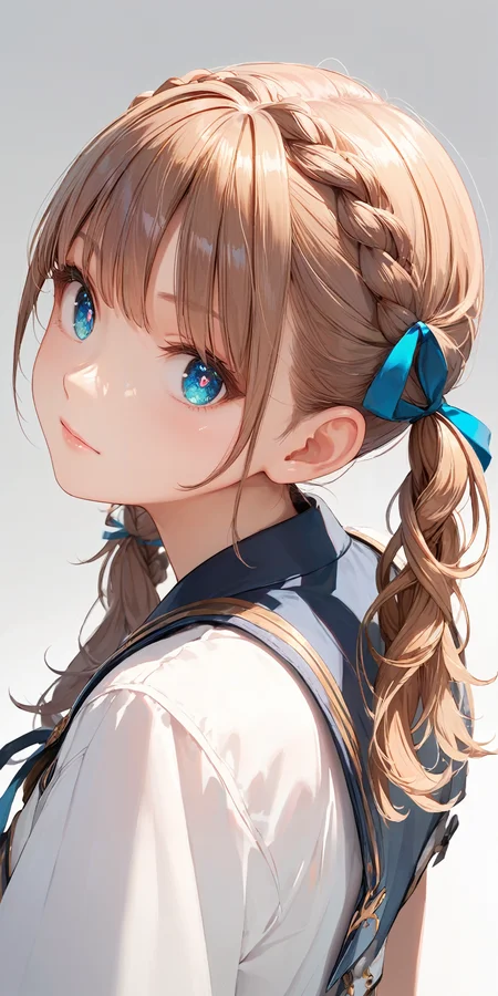 score_9, score_8_up, score_7_up,source_anime, high res image,masterpiece,best quality,girl,cute face,clear skin,shiny hair,ultra detailed eyes,simple background, <lora:braid twintail_pony_V1.0:1> braid twintail, ribbon,from behind