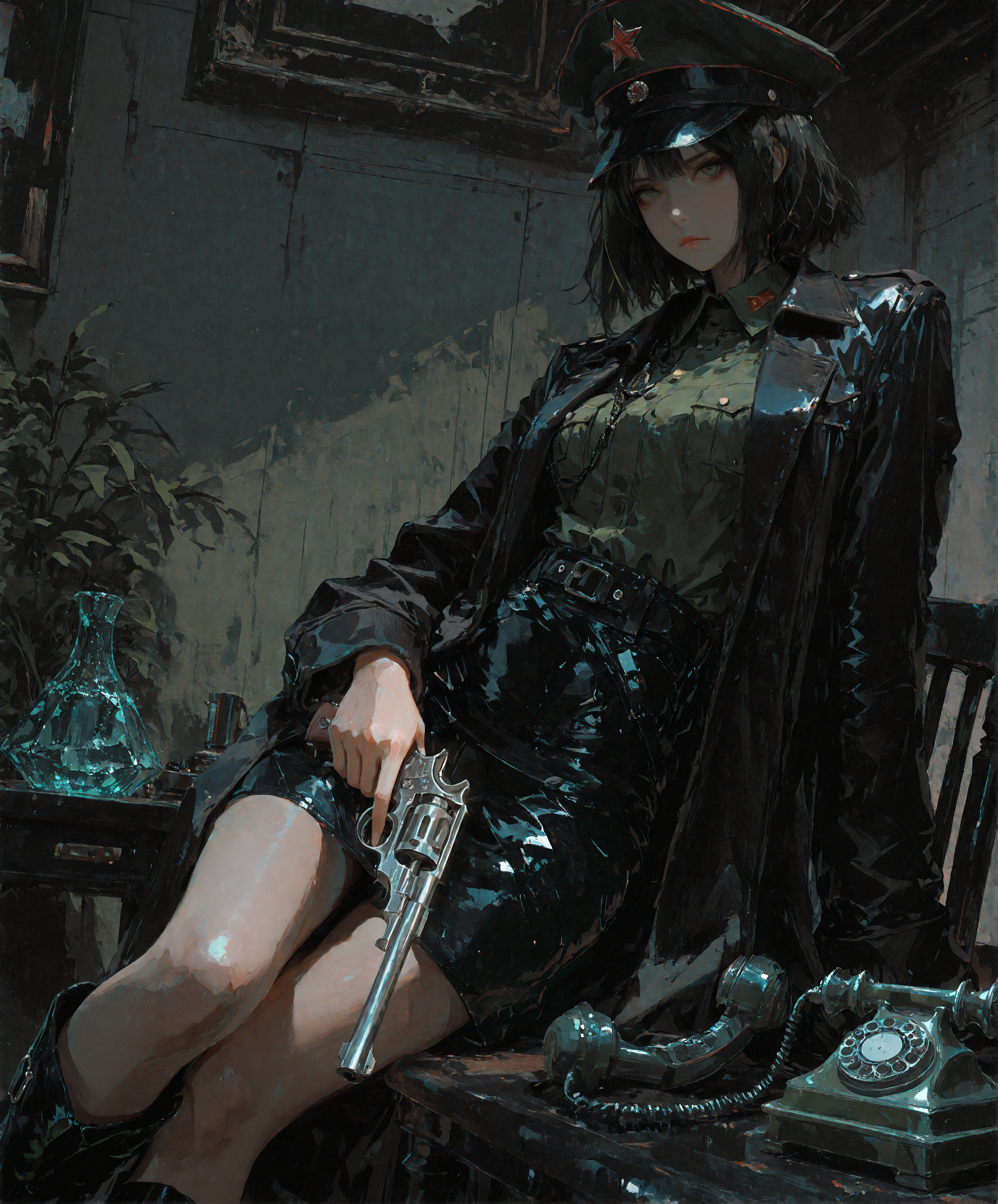 DV_Piper_Vicious, Smooth Quality,   beautiful green eyes, black short hair, solo, beautiful face, military uniform, soviet Commissioner,  dynamic pose, looking at viewer,  n4g4n, gun, holding weapon, revolver, (black leather coat:1.3), black peaked cap, The scene is infused with anime aestheticsâevery detail is meticulously crafted, rich in beauty and artistic elegance. A true work of art  <lora:nhl-004-wai:0.7>, nhl-004,  best quality, ultra high detail, masterpiece, aesthetic, realistic, 3D, CGI, the woman has (sexy body:1.1),  <lora:more_details:1>, masterpiece <lora:96YOTTEA-WAI:0.5> <lora:Dramatic Lighting Slider:1>, beautiful  background<lora:Expressive_H:0.5>, expressiveh, revolver, the woman is staying near the chair in the office, the woman is wearing black chrome boots, the woman is holding weapon in her hand, black short skirt, feet on the table, green military tunic under a leather coat,  1920 year, black cap with red star symbol, A stern, serious look, the tunic is tucked under the skirt, smooth army boots, vintage phone on the table, sexy pose,