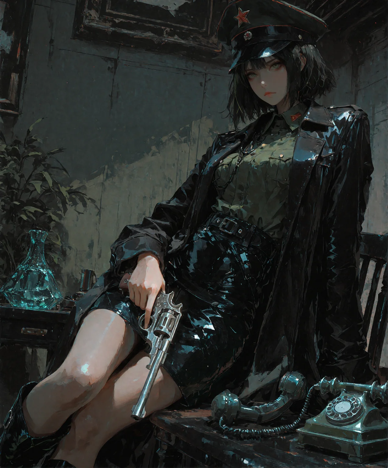 DV_Piper_Vicious, Smooth Quality,   beautiful green eyes, black short hair, solo, beautiful face, military uniform, soviet Commissioner,  dynamic pose, looking at viewer,  n4g4n, gun, holding weapon, revolver, (black leather coat:1.3), black peaked cap, The scene is infused with anime aestheticsâevery detail is meticulously crafted, rich in beauty and artistic elegance. A true work of art  <lora:nhl-004-wai:0.7>, nhl-004,  best quality, ultra high detail, masterpiece, aesthetic, realistic, 3D, CGI, the woman has (sexy body:1.1),  <lora:more_details:1>, masterpiece <lora:96YOTTEA-WAI:0.5> <lora:Dramatic Lighting Slider:1>, beautiful  background<lora:Expressive_H:0.5>, expressiveh, revolver, the woman is staying near the chair in the office, the woman is wearing black chrome boots, the woman is holding weapon in her hand, black short skirt, feet on the table, green military tunic under a leather coat,  1920 year, black cap with red star symbol, A stern, serious look, the tunic is tucked under the skirt, smooth army boots, vintage phone on the table, sexy pose,