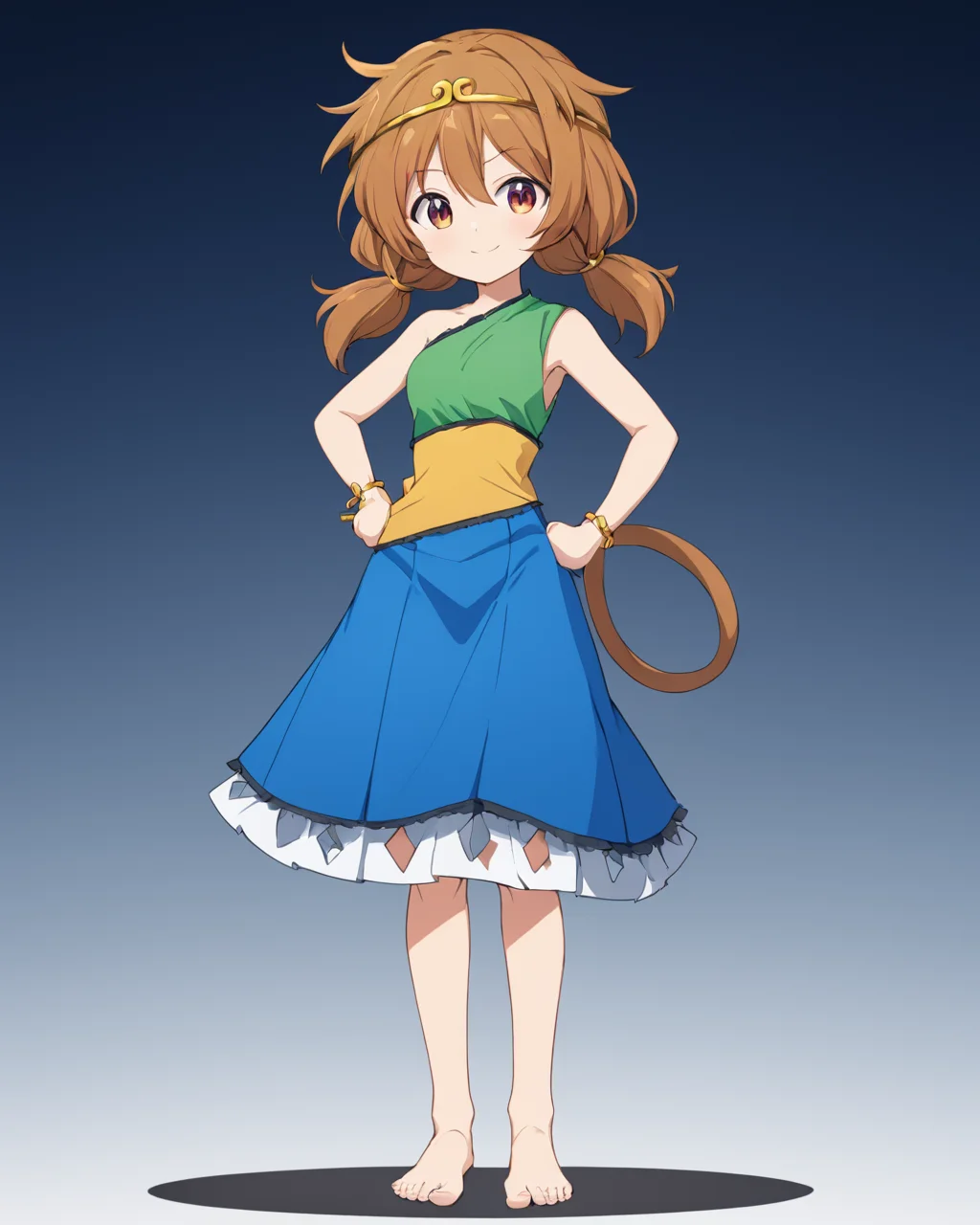 son biten,solo, barefoot, smile, 1girl, closed_mouth, holding, full_body, dress, hand_on_hip, skirt, 1other, androgynous
<lora:son_biten_image350_2023-12-20-000025:1>,star-shaped_pupils,symbol-shaped_pupils,. gorgeous,key visual, vibrant, studio anime,award-winning, professional, highly detailed,high budget, cinemascope