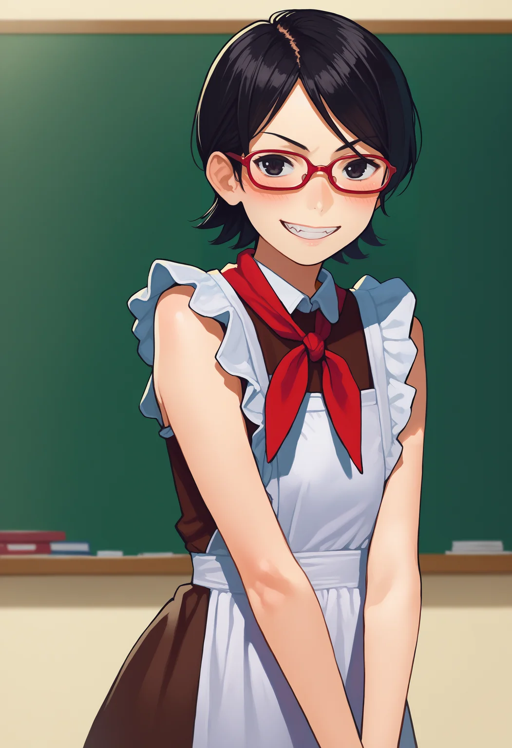 score_9, score_8_up,score_7_up, score_6_up,source_anime, BREAK yom style, by yomu, solo, Soviet schoolgirl uniform, frilled apron, frilled hair scrunchie, red neckerchief, smile, school blackboard, <lora:Soviet_Schoolgirl_Uniform:0.8>
uchiha sarada, bare shoulders, black eyes, black hair, blush, red framed glasses, short hair, <lora:Uchiha_Sarada_pony:0.8>
(evil grin:1.3)