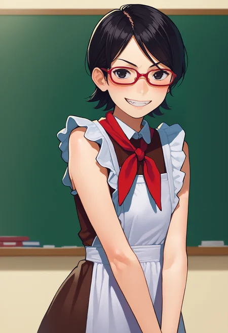 score_9, score_8_up,score_7_up, score_6_up,source_anime, BREAK yom style, by yomu, solo, Soviet schoolgirl uniform, frilled apron, frilled hair scrunchie, red neckerchief, smile, school blackboard, <lora:Soviet_Schoolgirl_Uniform:0.8>
uchiha sarada, bare shoulders, black eyes, black hair, blush, red framed glasses, short hair, <lora:Uchiha_Sarada_pony:0.8>
(evil grin:1.3)