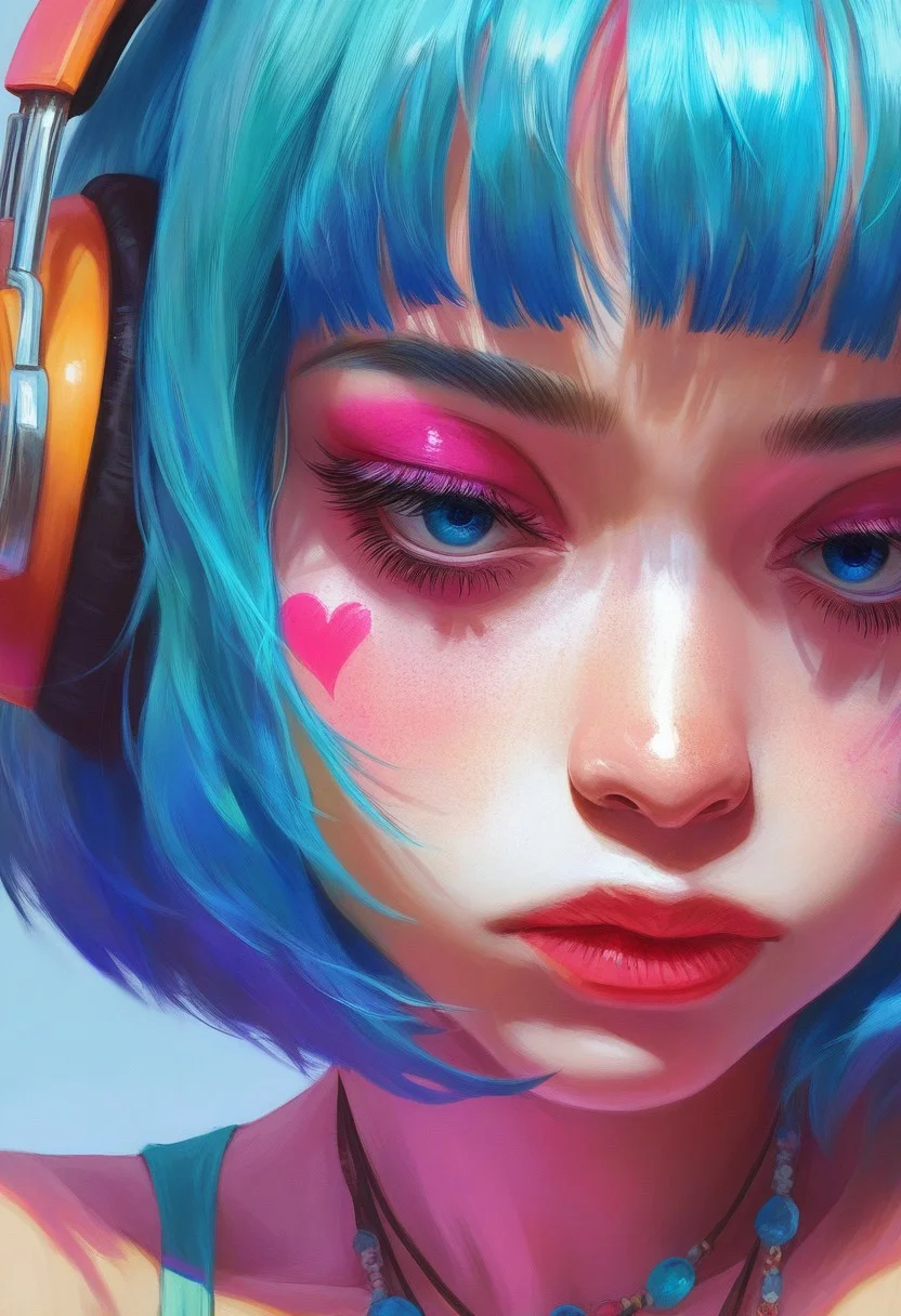 Femmes_ST, masterpiece, best quality, very aesthetic, high resolution, ultra-detailed, absurdres, newest, extremely detailed eyes, realistic, vibrant colours, masterpiece,best quality, 1girl, solo, looking at viewer, short hair, bangs, blue eyes, jewelry, closed mouth, blue hair, blunt bangs, necklace, lips, eyelashes, aqua hair, makeup, headphones, facial mark, bob cut, gem, portrait, eyeshadow, nose, eyeliner, mascara