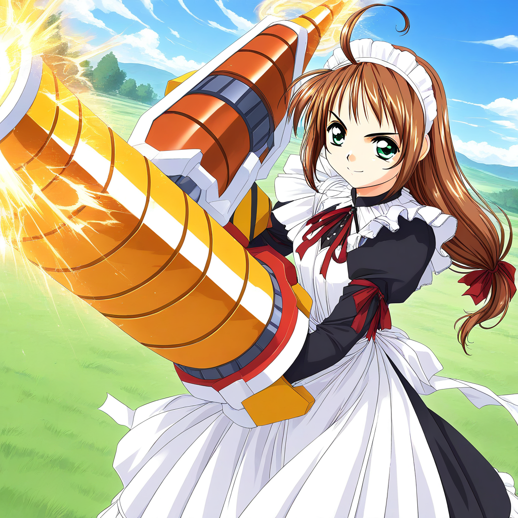 general,highres, game cg, ultra-detailed,very aesthetic,best quality ,best hands,  BREAK  <lora:Spiral_Nami_IS:1>drii_nami, solo, brown hair, green eyes, drill,  polearm, maid apron, maid headdress, 
weapon, ahoge, ribbon, maid, long hair, low-tied long hair,
smile,looking at viewer, cowboy_Shot,
day, grass, sky, 2000s \(style\),anime coloring, 
spark effect, spark aura, serious,