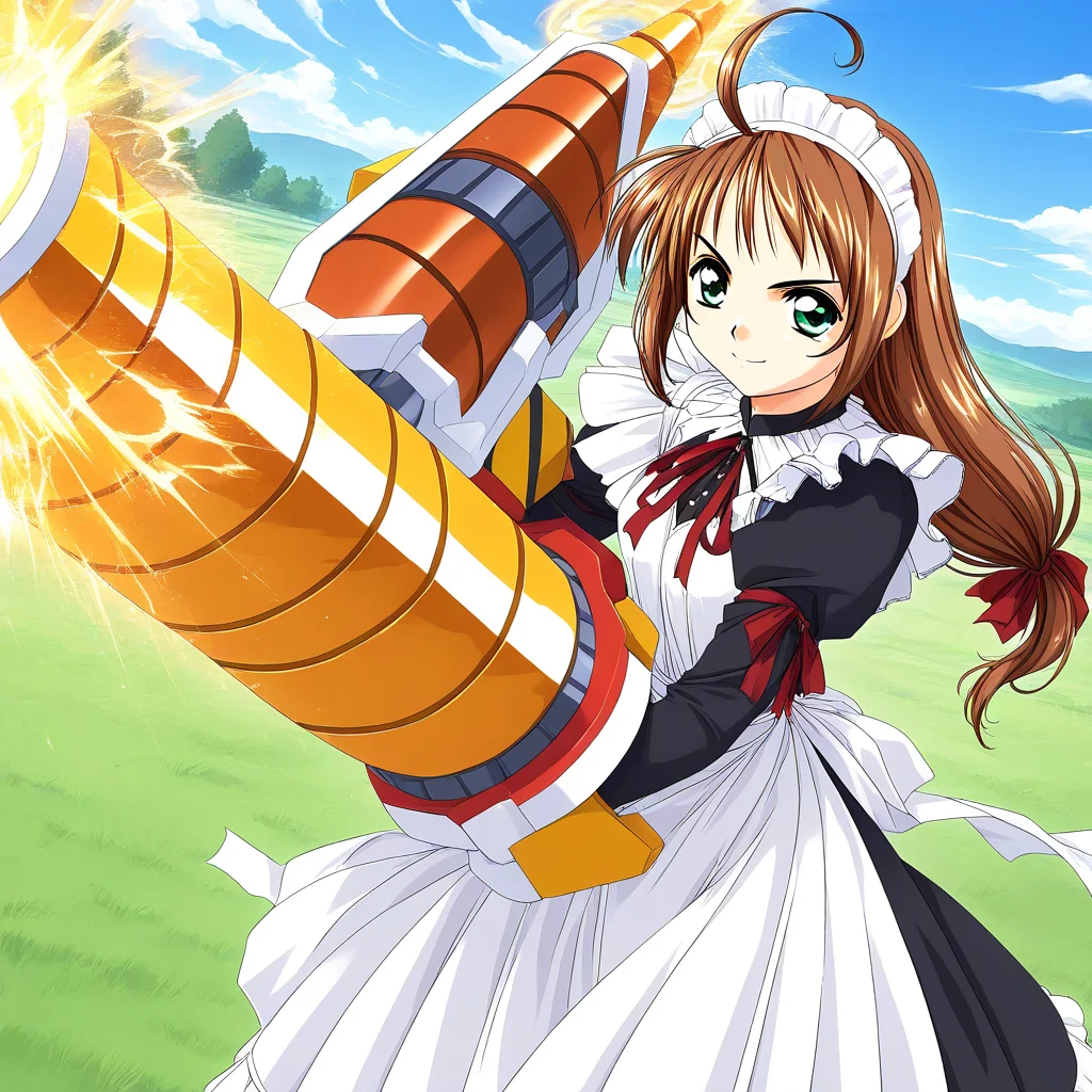 general,highres, game cg, ultra-detailed,very aesthetic,best quality ,best hands,  BREAK  <lora:Spiral_Nami_IS:1>drii_nami, solo, brown hair, green eyes, drill,  polearm, maid apron, maid headdress, 
weapon, ahoge, ribbon, maid, long hair, low-tied long hair,
smile,looking at viewer, cowboy_Shot,
day, grass, sky, 2000s \(style\),anime coloring, 
spark effect, spark aura, serious,