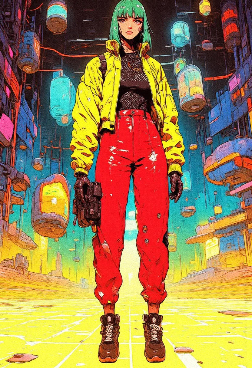 A hyper-detailed, semi-realistic anime retro cyberpunk full-body shot of a striking woman with vibrant green hair styled in a short French bob, her hair sleek and shiny under the neon lights. She wears edgy netted clothing, Yellow latex jacket, red high waist sports trousers, black high ankle sneaker boots, accentuating her tanned skin and giving off a futuristic, rebellious vibe. The metallic textures of her outfit catch the light, reflecting the iridescent glow from the floor beneath her. The floor shimmers with yellow, sky blue, and orange hues, creating a vibrant yet surreal atmosphere. Surrounding her are eight surreal, abstract objects that float mysteriously in the background, their shapes bending reality with cyberpunk aesthetics, adding to the dreamlike, futuristic setting. The blend of retro and futuristic styles, combined with the sleek textures and neon-infused lighting, creates a visually captivating scene. <lora:Cyberpunk Anime Style:1>. <lora:CPA:0.93> <lora:anime_martzv2:0.53> anime_martz, <lora:RetroAnimeFluxV1:0.33>