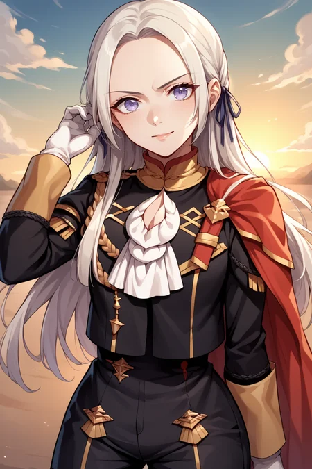 score_9, score_8_up, score_7_up, score_6_up, source_anime, BREAK 1girl, <lora:edelgard-pdxl-nvwls-v1:1> defEdel, hair ribbon, long hair, side cape, black jacket, white ascot, black shorts, white gloves, red pantyhose, serious, smile, looking at you, sunset, blue sky, standing, upper body, portrait, hand in hair
