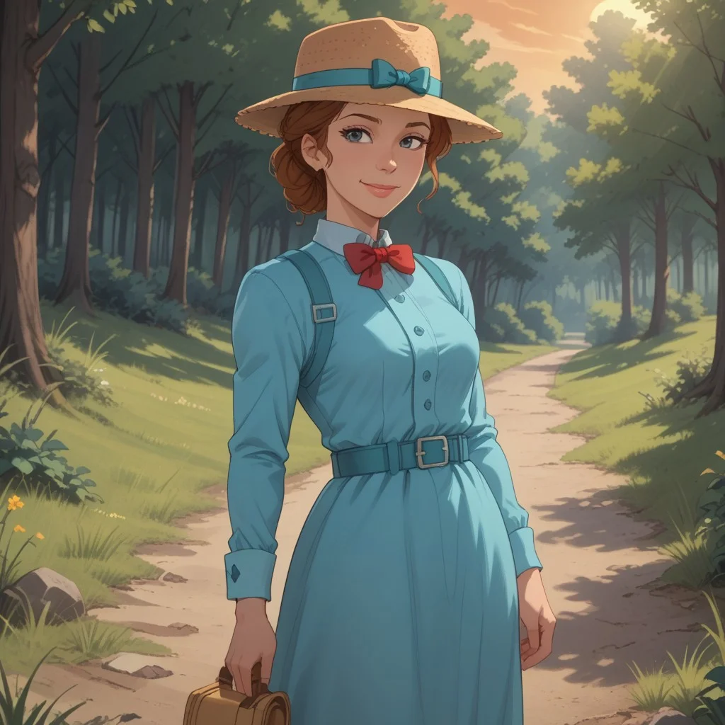 score_9, score_8, BREAK, solo, brown hair, straw fedora hat, cyan bow on hat, black eyes, lips, cyan long dress, red bowtie, cyan belt, black socks, black slippers, Darling_(Lady_and_the_Tramp), sexy pose, self portrait, smile, outdoors, sunlight, shadows, evening lighting, natural lighting, forest, trees, grass, orange sky, sunset