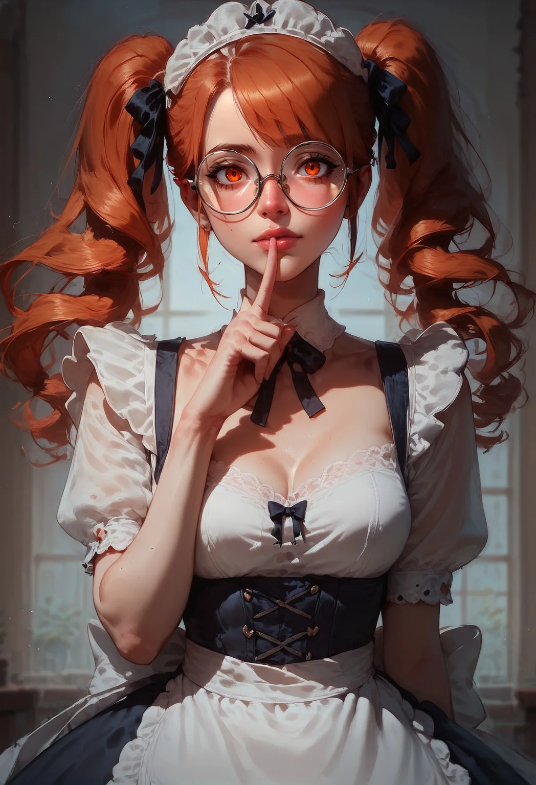 ASCIIscore_9, score_8_up, score_7_up, 1 girl, blush, beautiful face, Wilnayaa, orange eyes, round glasses, orange hair, twintails, floating hair,bangs, (housemaid brim, housemaid dress), perfect female waist, suggestive pose, hand to mouth with raised index finger <lora:sdxl\Concept Art Twilight Style SDXL_LoRA_Pony Diffusion V6 XL:0.6> concept art, realistic, <lora:sdxl\Wilnaya:0.8> <lora:sdxl\sinfully_stylish_SDXL>