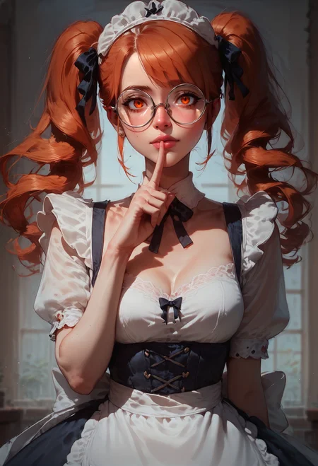 ASCIIscore_9, score_8_up, score_7_up, 1 girl, blush, beautiful face, Wilnayaa, orange eyes, round glasses, orange hair, twintails, floating hair,bangs, (housemaid brim, housemaid dress), perfect female waist, suggestive pose, hand to mouth with raised index finger <lora:sdxl\Concept Art Twilight Style SDXL_LoRA_Pony Diffusion V6 XL:0.6> concept art, realistic, <lora:sdxl\Wilnaya:0.8> <lora:sdxl\sinfully_stylish_SDXL>