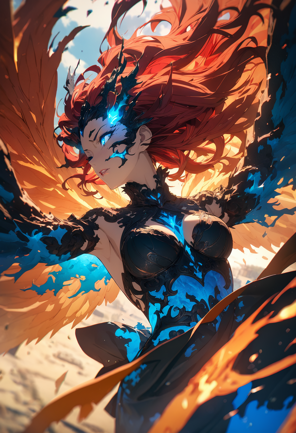gorgeous lips, (masterpiece), (best quality), (ultra-detailed), very aesthetic, illustration, perfect composition, intricate details, absurdres, detailed face, (anime, masterpiece, intricate:1.3), (best quality, hires textures, high detail:1.2), (4k),(incredibly detailed:1.4),
(solo), red hair, female phoenix, floating, flying, fiery wings, blue inferno, blue fire, blue flames, lava made, translucent, fantasy, glowing,