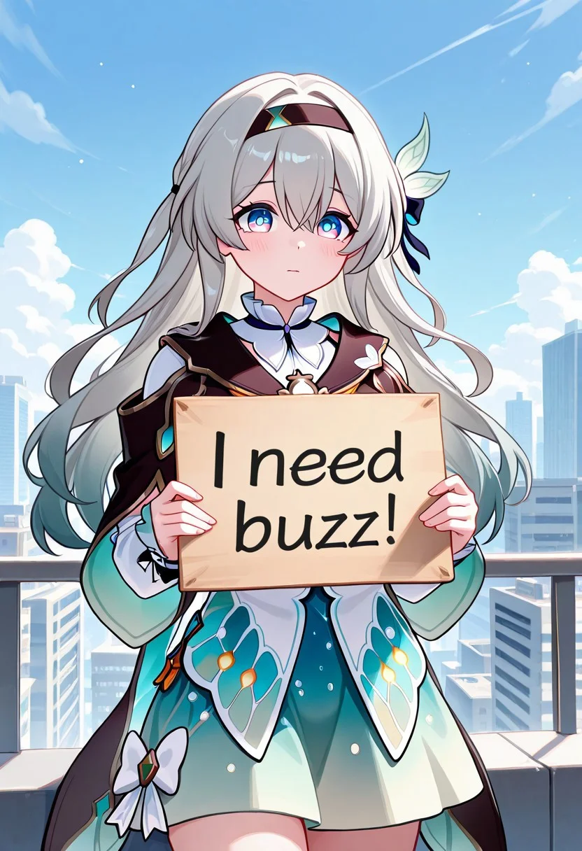 masterpiece,best quality,amazing quality, need_buzz, holding sign, 1girl, firefly_\(honkai:_star_rail\), White city, on roof, blue sky