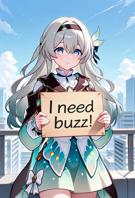masterpiece,best quality,amazing quality, need_buzz, holding sign, 1girl, firefly_\(honkai:_star_rail\), White city, on roof, blue sky