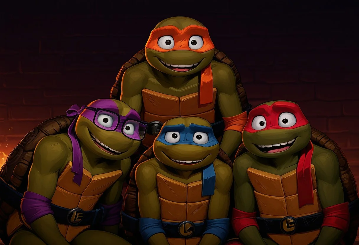 masterpiece, best quality, amazing quality,
(((Donnie, Raph, Leo, Mikey Tmnt, MutantMayhem))), smiling, grin, sexy face, bust shot, Raph,Tmnt, MutantMayhem, Green skin, turtle, Male, Male only, broad shoulders, (((4 boys))), quartet, looking at viewer, detailed teeth, sitting
BREAK
(((Leo, blue mask)))
BREAK
(((Raph, Red mask, missing tooth, bandana mask)))
BREAK
(((Donnie, Purple mask,))) Glasses
BREAK
(((Mikey, Orange mask)))