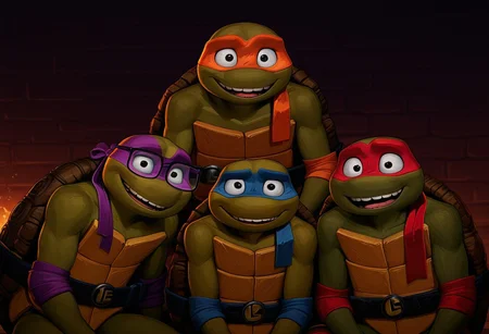 masterpiece, best quality, amazing quality,
(((Donnie, Raph, Leo, Mikey Tmnt, MutantMayhem))), smiling, grin, sexy face, bust shot, Raph,Tmnt, MutantMayhem, Green skin, turtle, Male, Male only, broad shoulders, (((4 boys))), quartet, looking at viewer, detailed teeth, sitting
BREAK
(((Leo, blue mask)))
BREAK
(((Raph, Red mask, missing tooth, bandana mask)))
BREAK
(((Donnie, Purple mask,))) Glasses
BREAK
(((Mikey, Orange mask)))